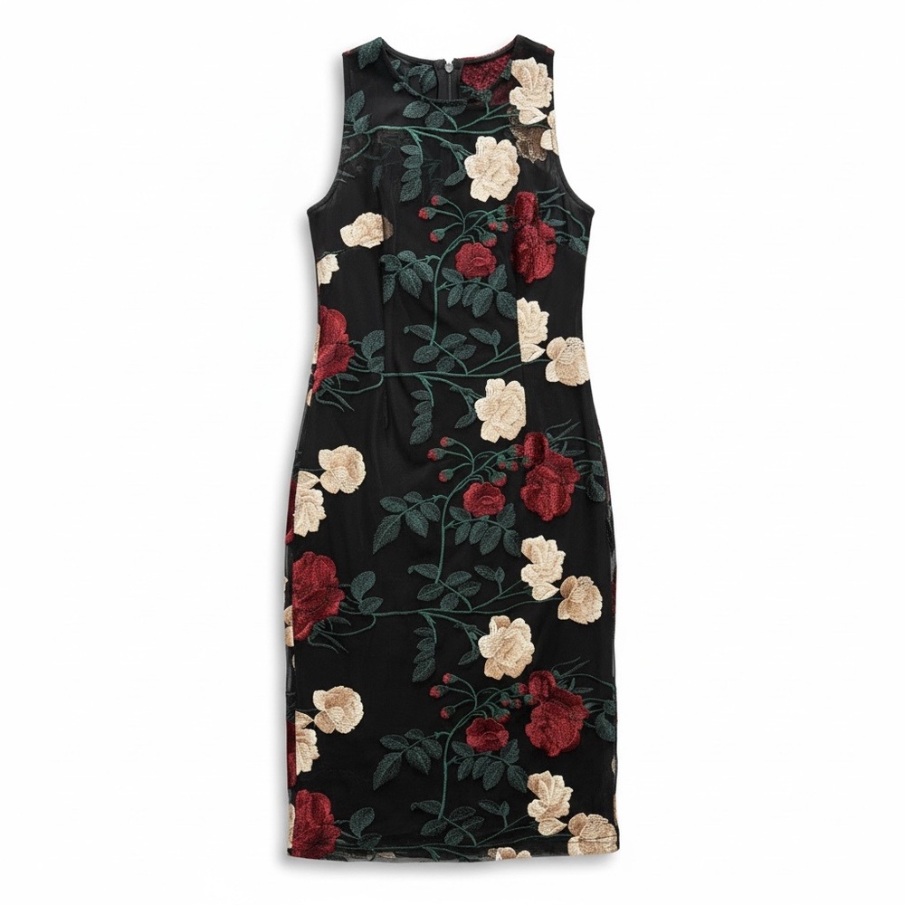 Calvin Klein Black Midi Dress with Red and Cream Floral Design
